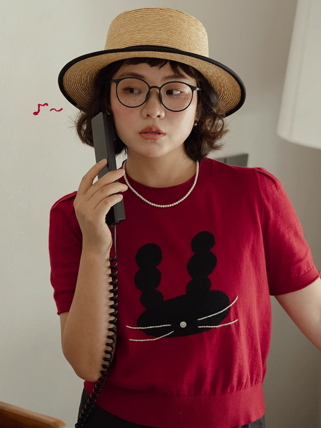 Chowxiaodou Puff-Sleeve Knit Linen T-Shirt