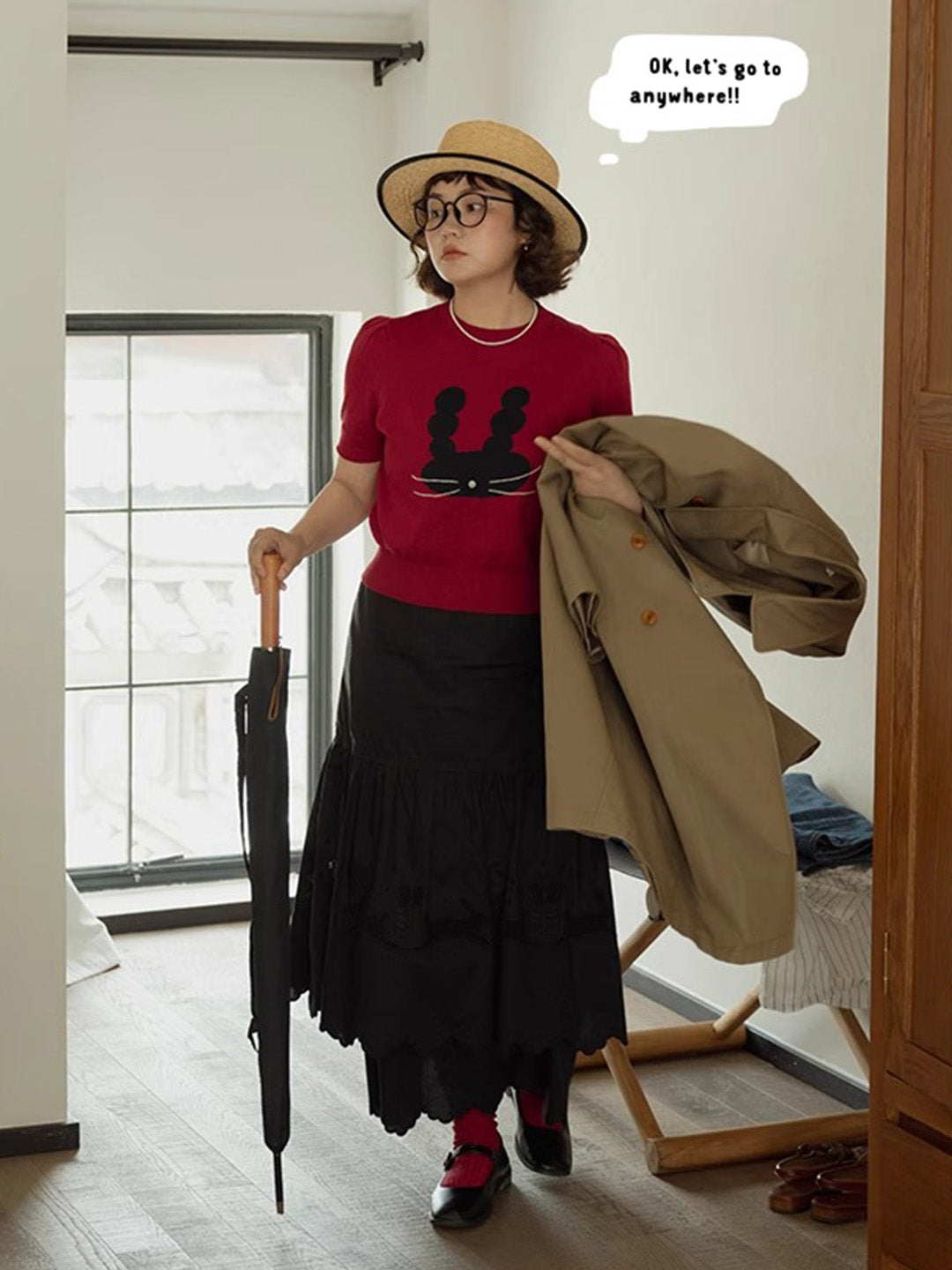 Chowxiaodou Puff-Sleeve Knit Linen T-Shirt