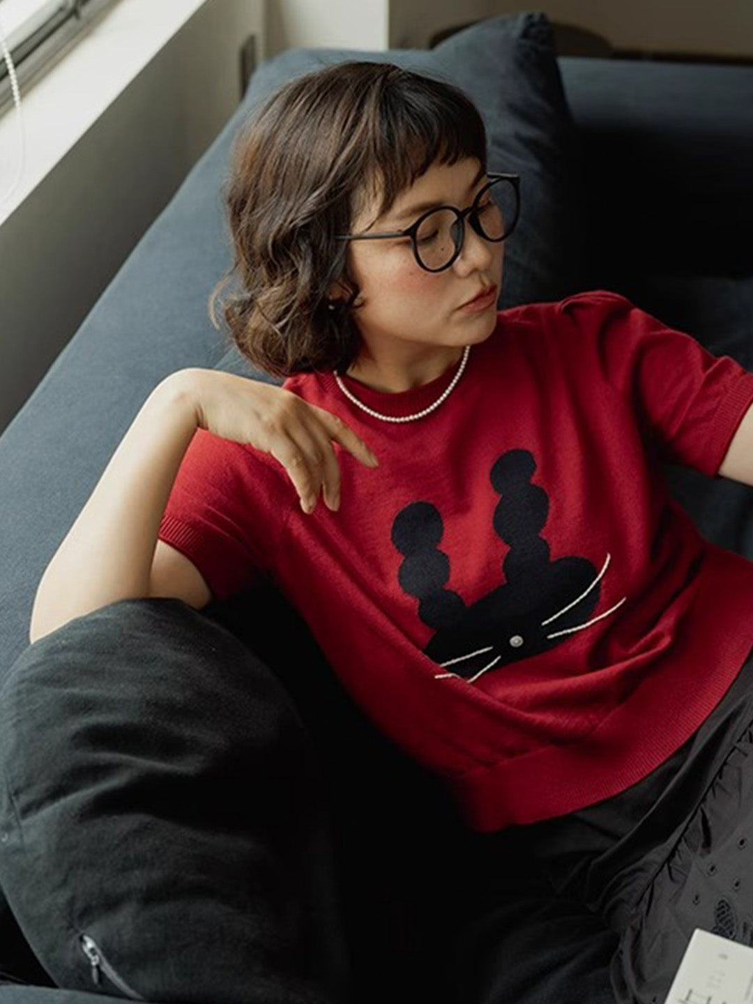 Chowxiaodou Puff-Sleeve Knit Linen T-Shirt