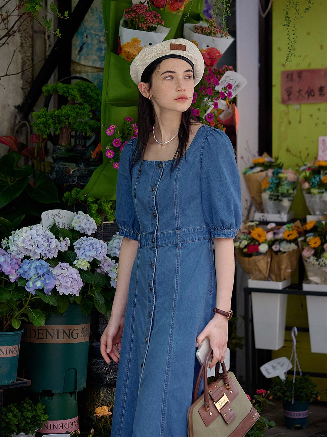 Anahi Square Neck Puff Sleeve Denim Dress