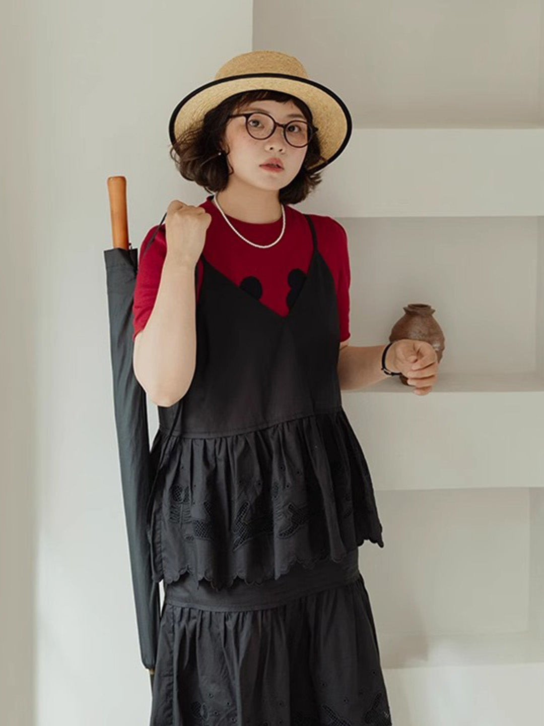 Chowxiaodou Puff-Sleeve Knit Linen T-Shirt