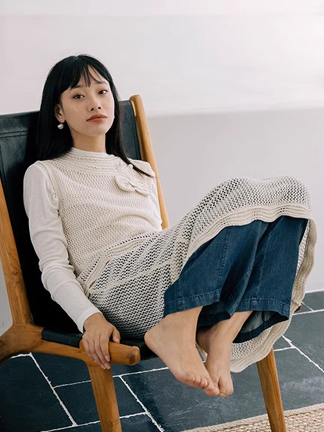 Chowxiaodou Knitted Hollow Bow Dress