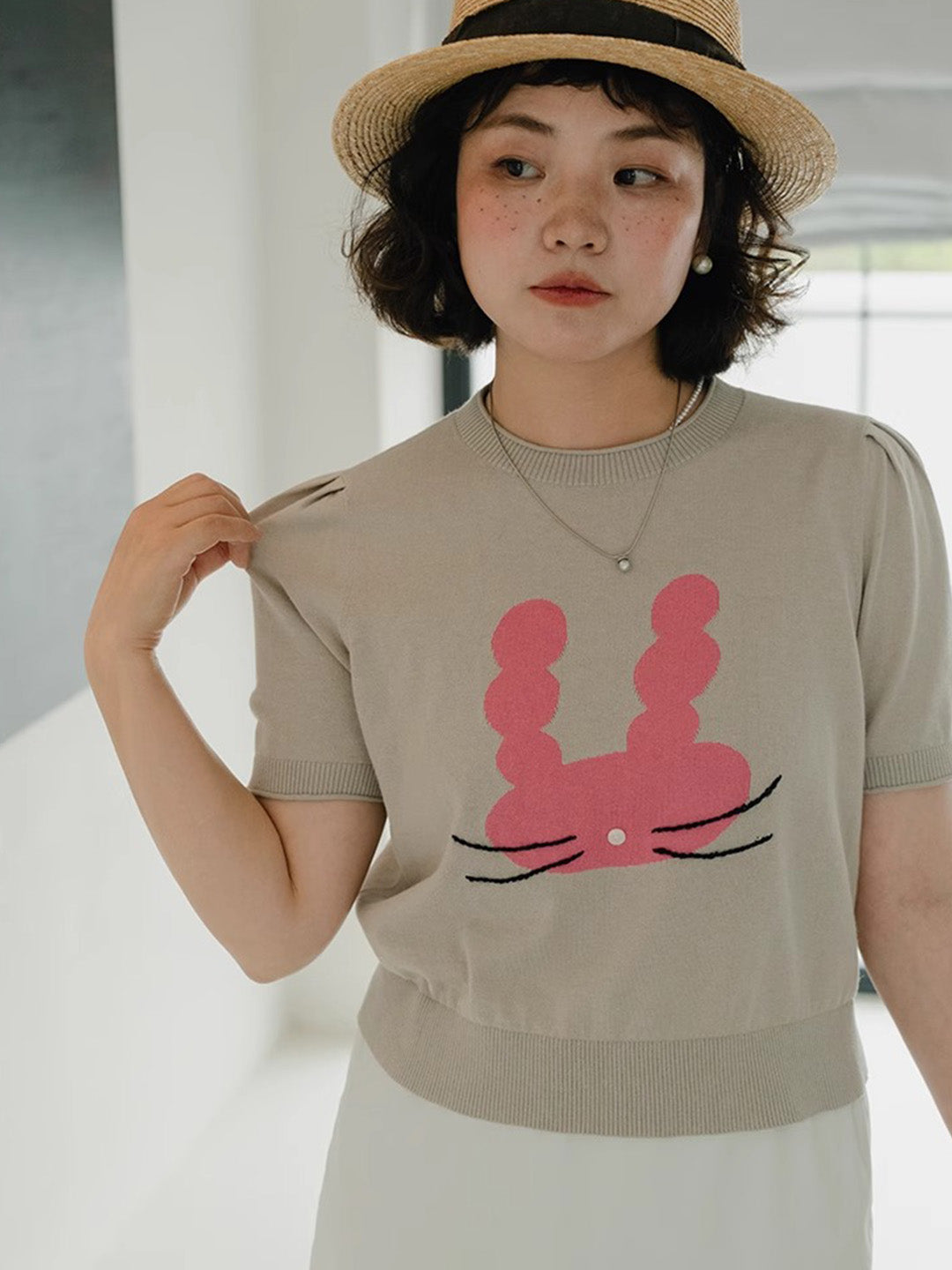 Chowxiaodou Puff-Sleeve Knit Linen T-Shirt