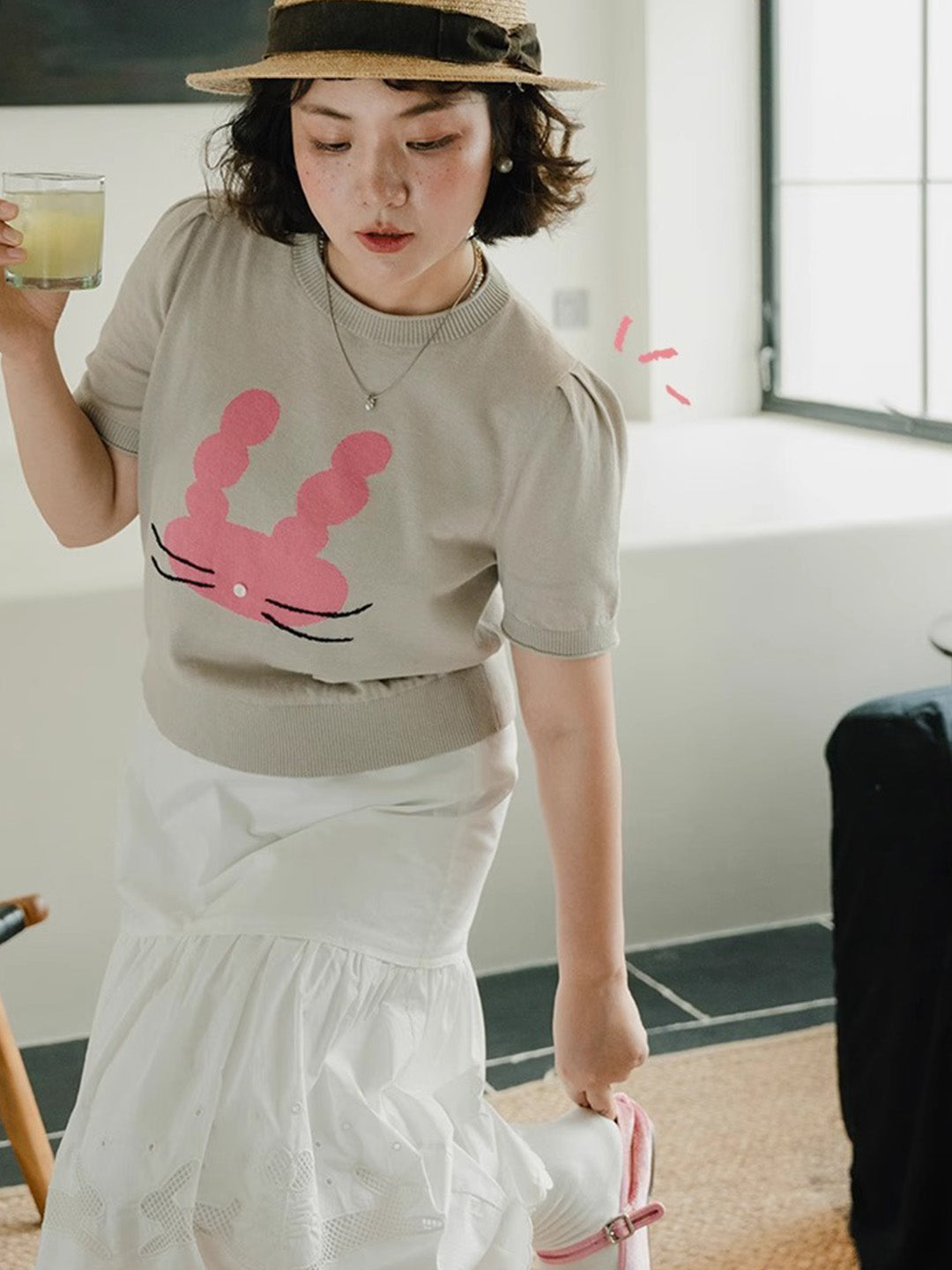 Chowxiaodou Puff-Sleeve Knit Linen T-Shirt