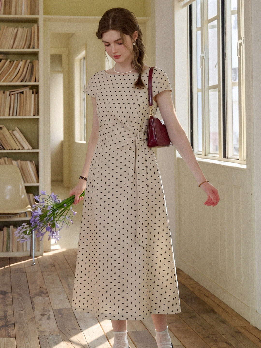 Hebe Round Neck Polka Dot Linen Dress, Apricot / L Hebe Round Neck Polka Dot Linen Dress, Apricot / L