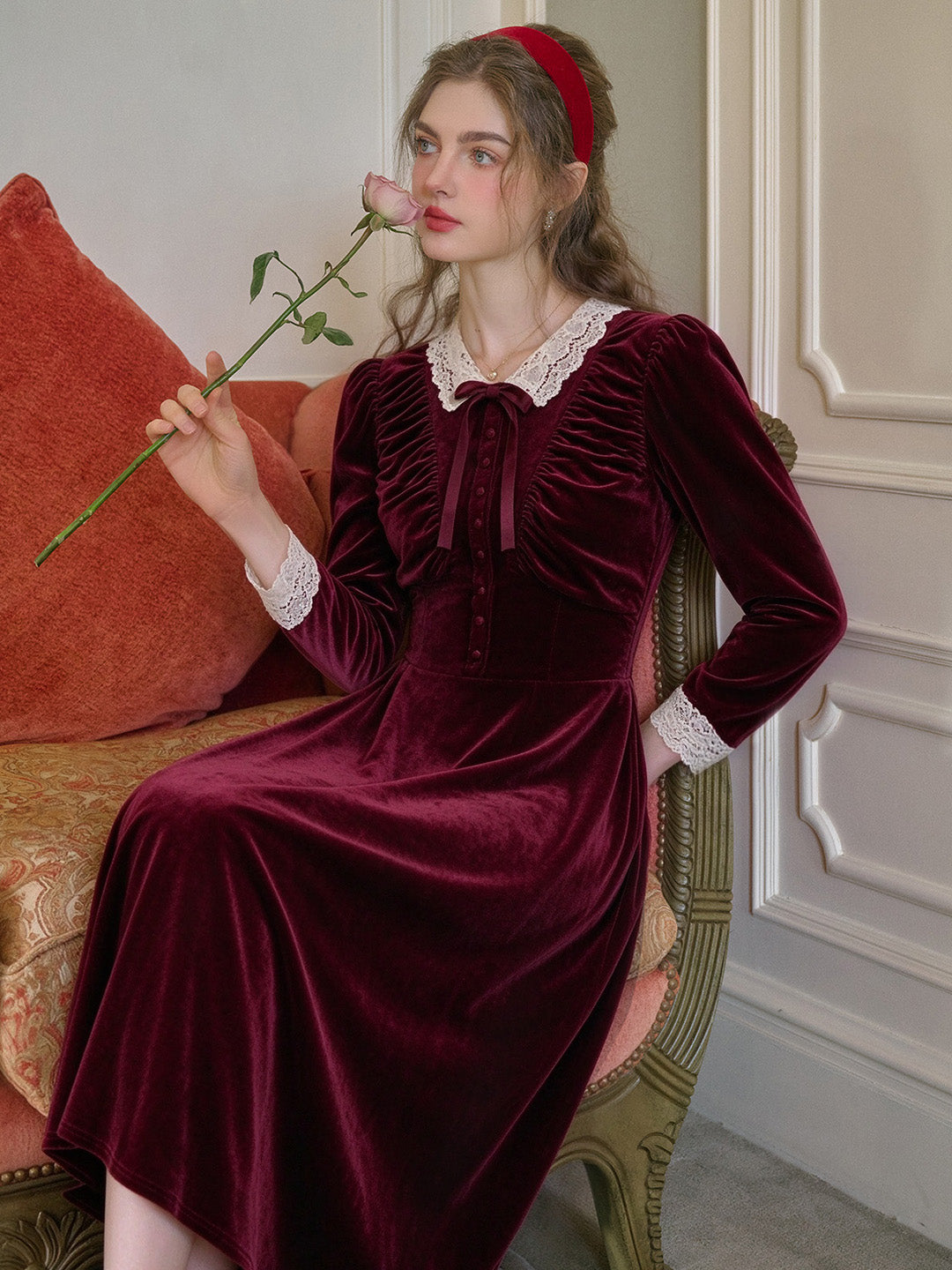 Rosalind Lace-Collar Vintage Velvet Dress