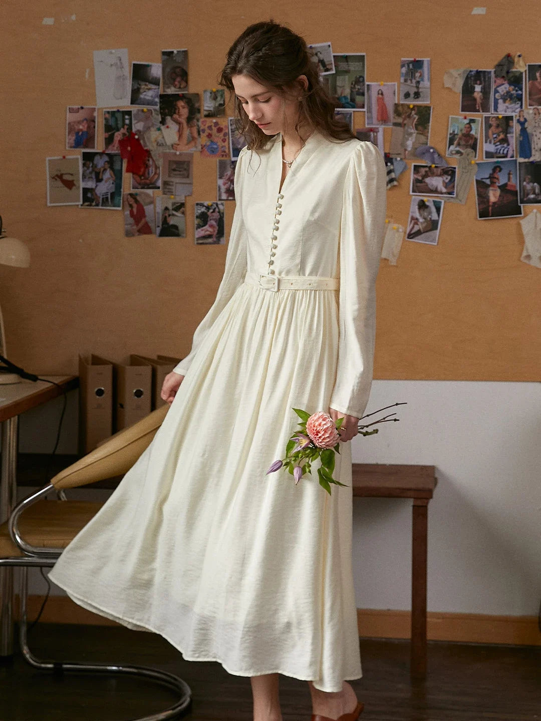 Bridget V-Neck Off White Dress