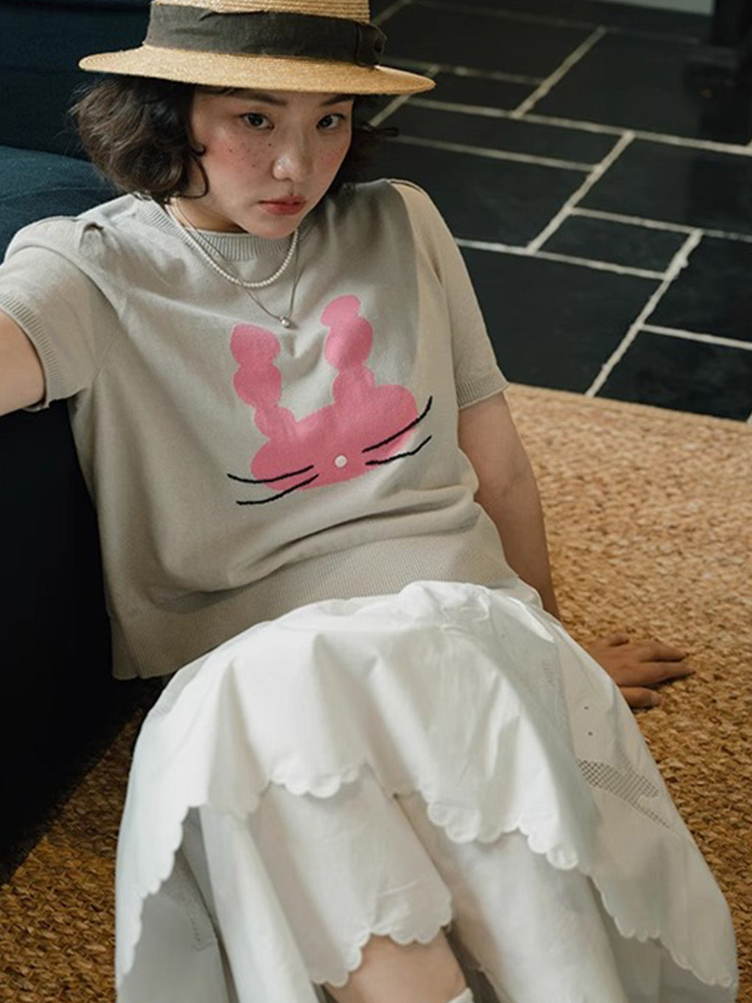 Chowxiaodou Puff-Sleeve Knit Linen T-Shirt