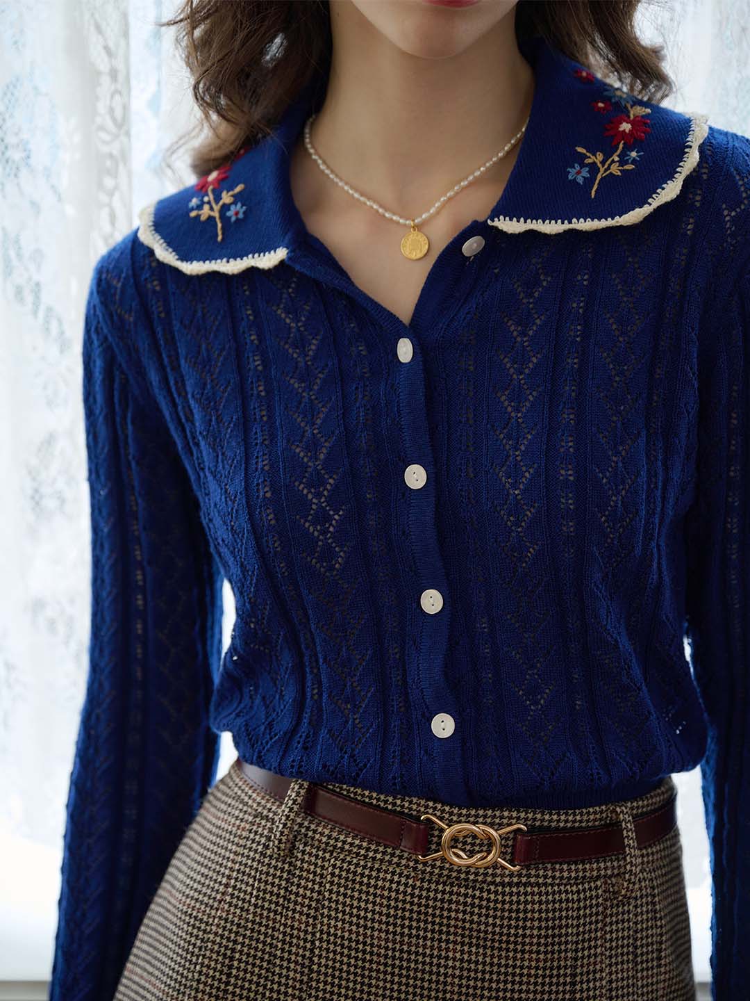 【Final Sale】Shay Peter Pan Collar Embroidered Contrast Cutout Cardigan
