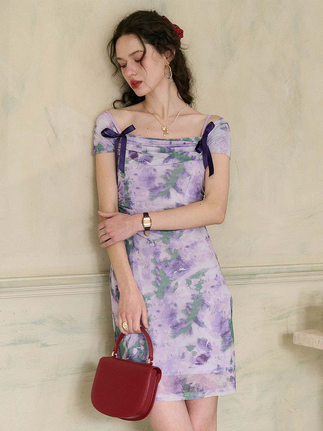 off the shoulder slip dress Final Sale】Jacqueline Floral Print Off-The-Shoulder Contrast Bow Slip