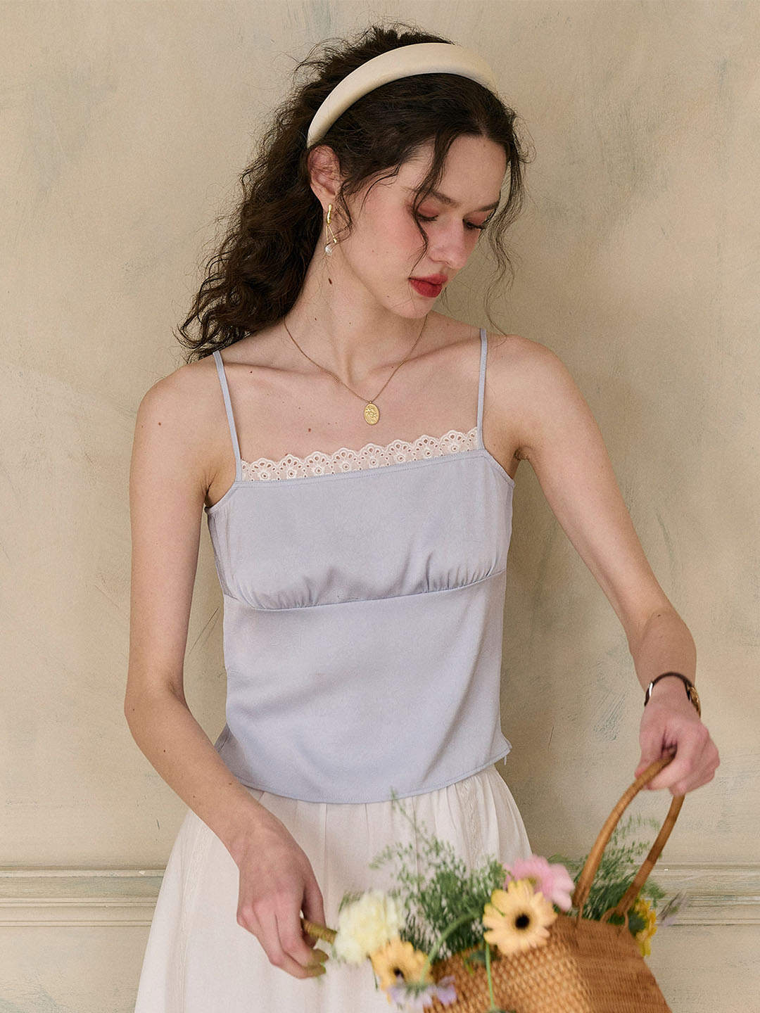 (Add-on Item) Elisa Wavy Lace Square Neck Satin Camisole Top