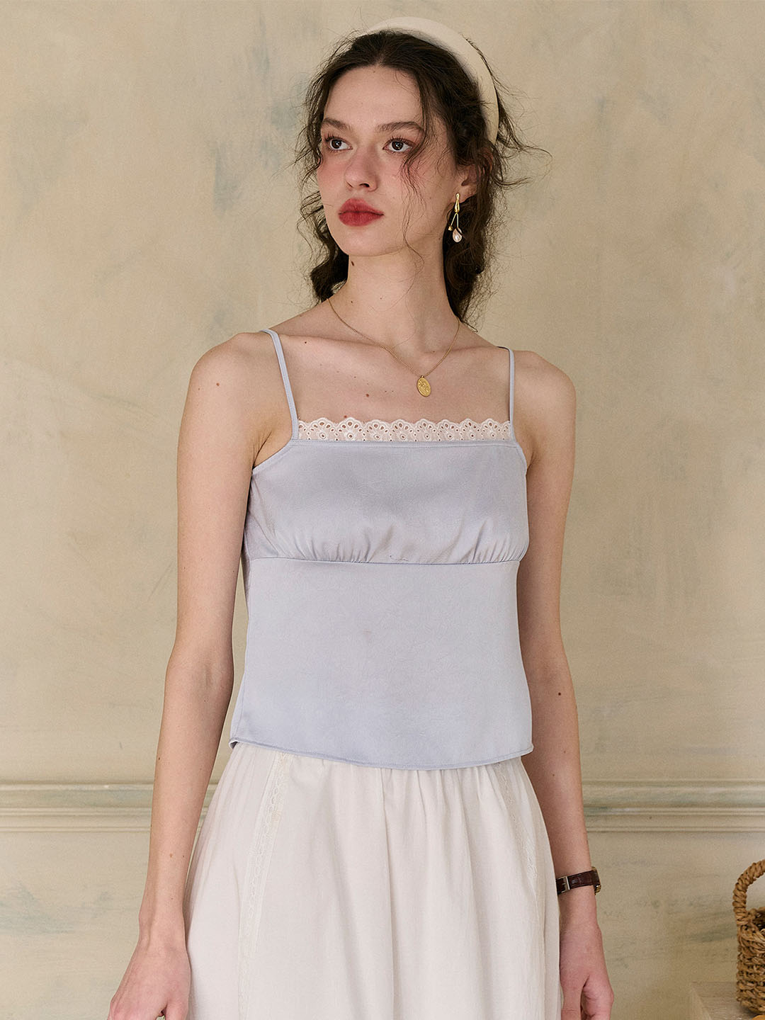 (Add-on Item) Elisa Wavy Lace Square Neck Satin Camisole Top