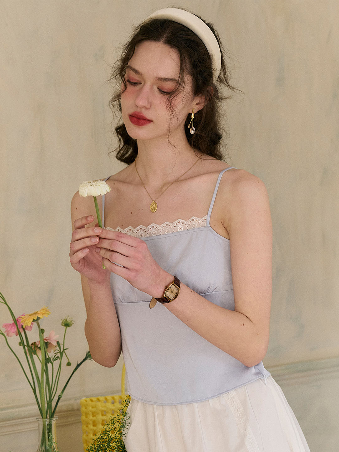 (Add-on Item) Elisa Wavy Lace Square Neck Satin Camisole Top