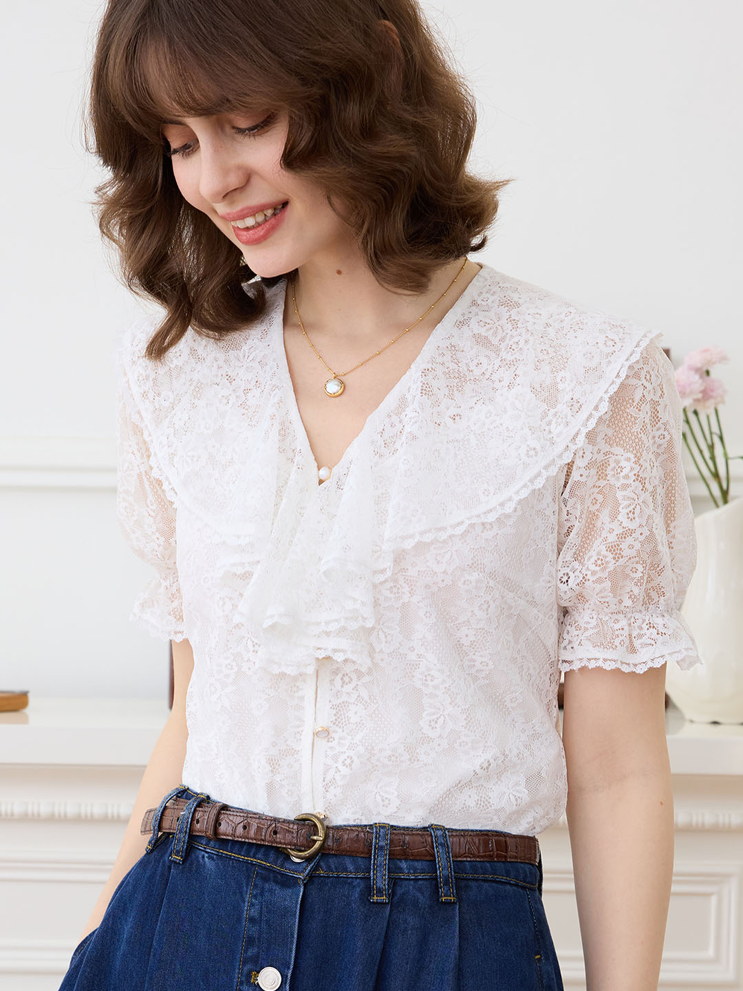 Kataleya Sweet Ruffle Neck Lace Blouse