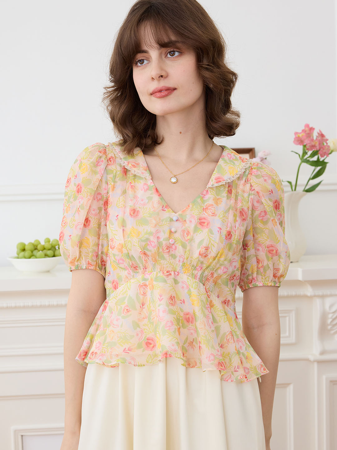 【Final Sale】Aliza Chiffon V-neck Puff Sleeve Blouse