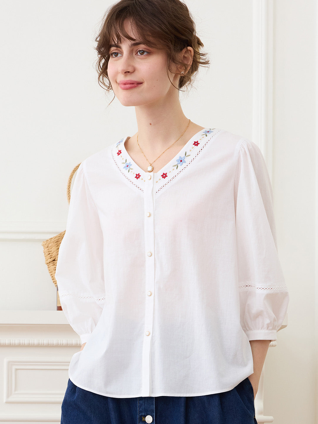 【Final Sale】Lara V Neck Colorful Embroidered Cotton Blouse