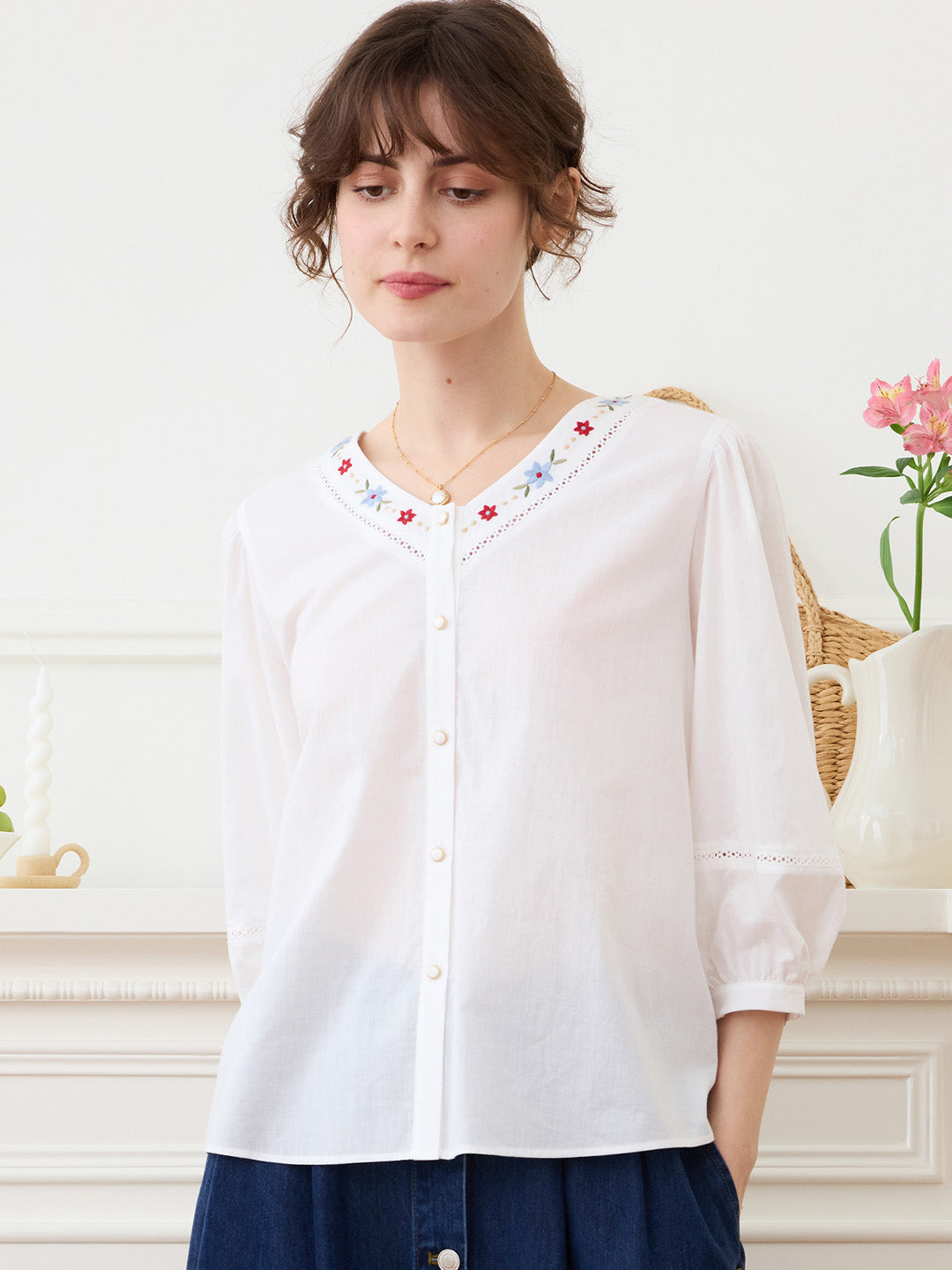 【Final Sale】Lara V Neck Colorful Embroidered Cotton Blouse