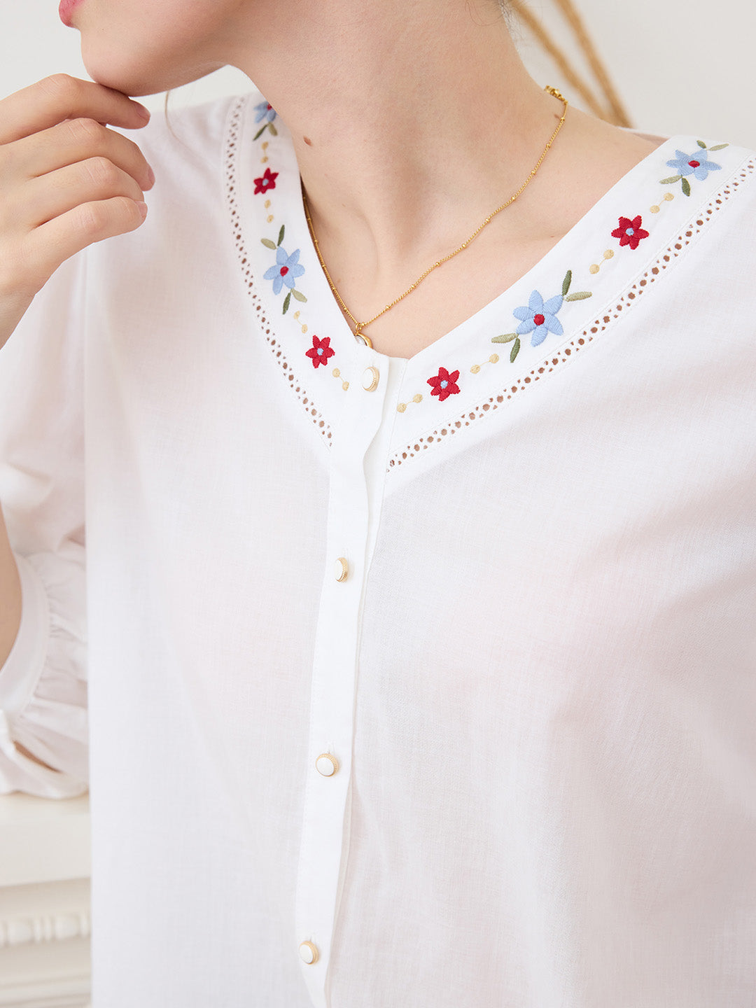 【Final Sale】Lara V Neck Colorful Embroidered Cotton Blouse