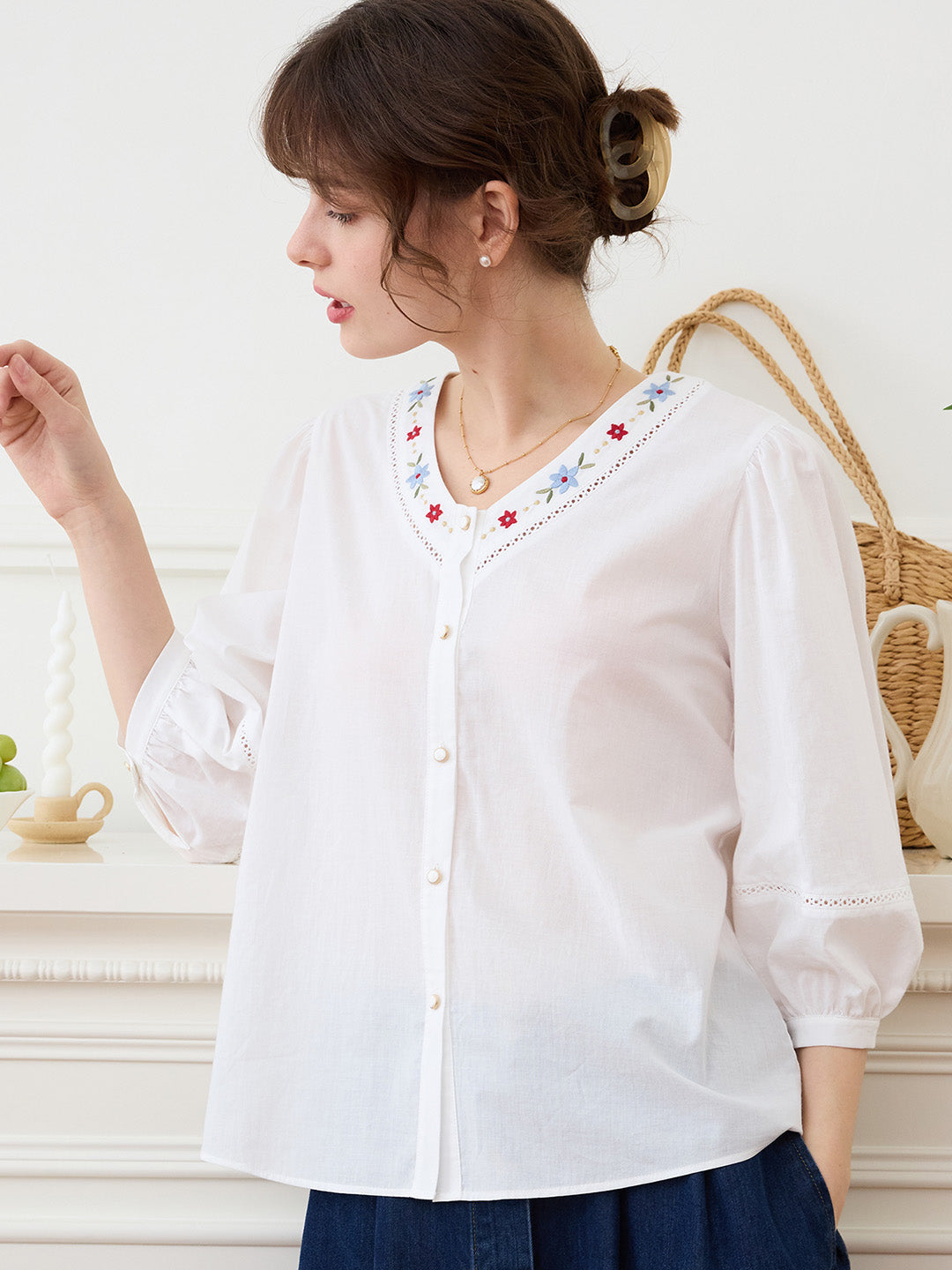 【Final Sale】Lara V Neck Colorful Embroidered Cotton Blouse