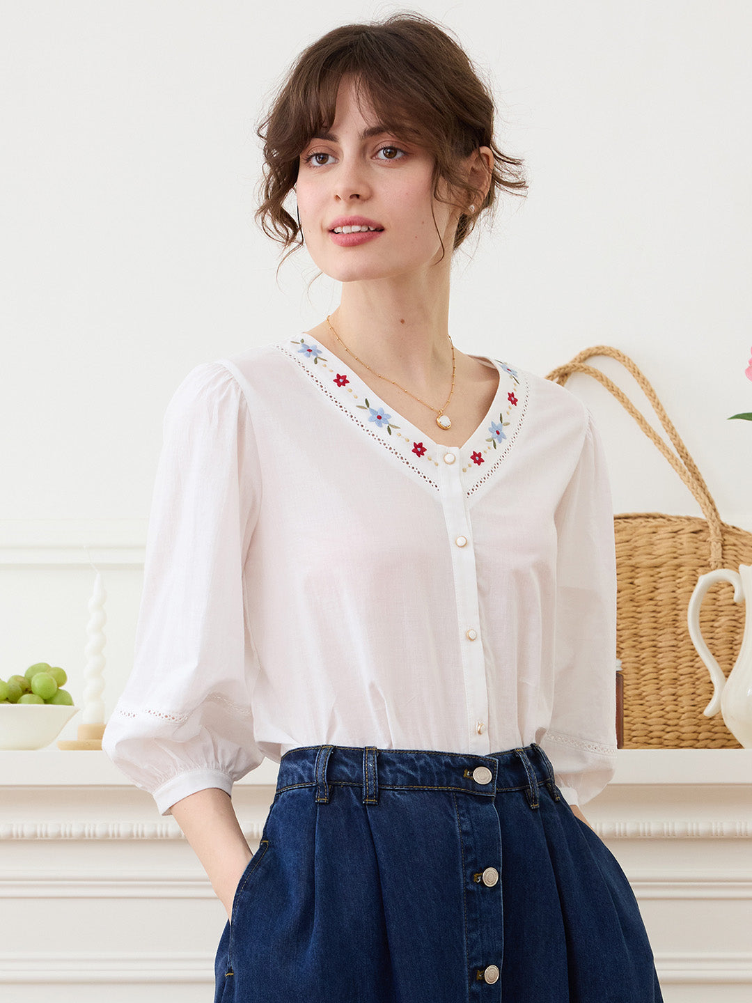 【Final Sale】Lara V Neck Colorful Embroidered Cotton Blouse
