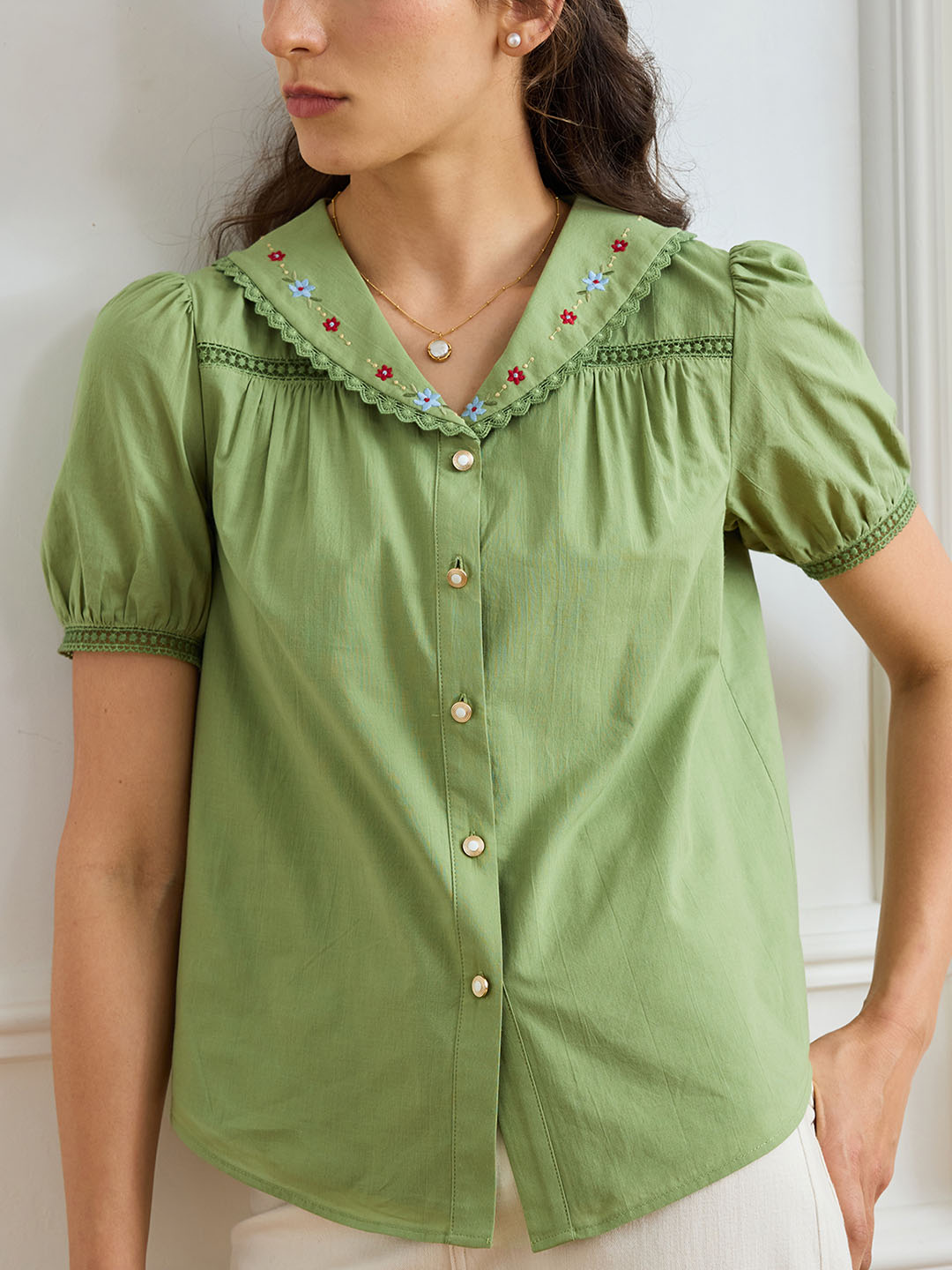 【Final Sale】Angelique Embroidered Lapel Puff Sleeve Cotton Shirt