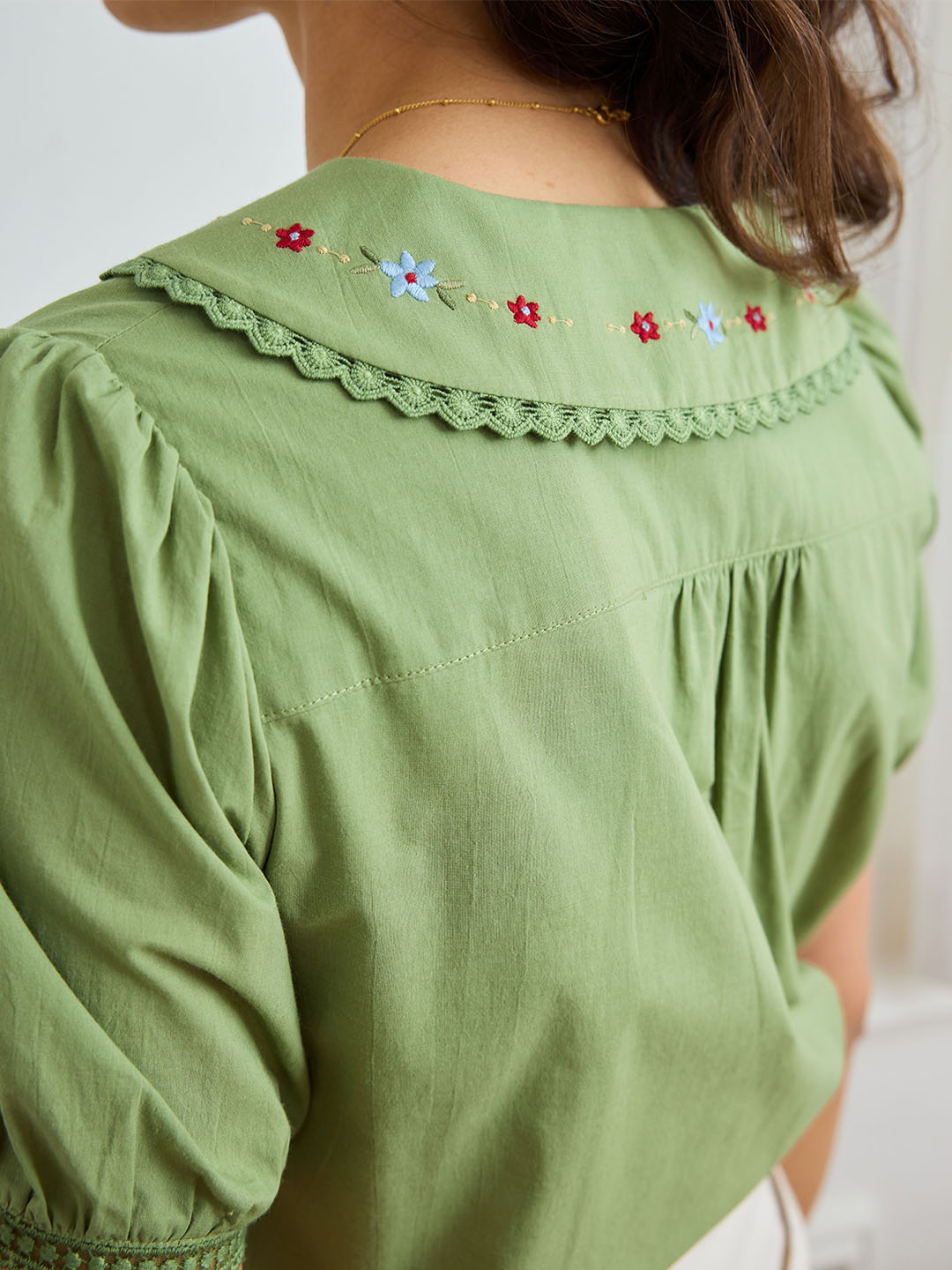 【Final Sale】Angelique Embroidered Lapel Puff Sleeve Cotton Shirt