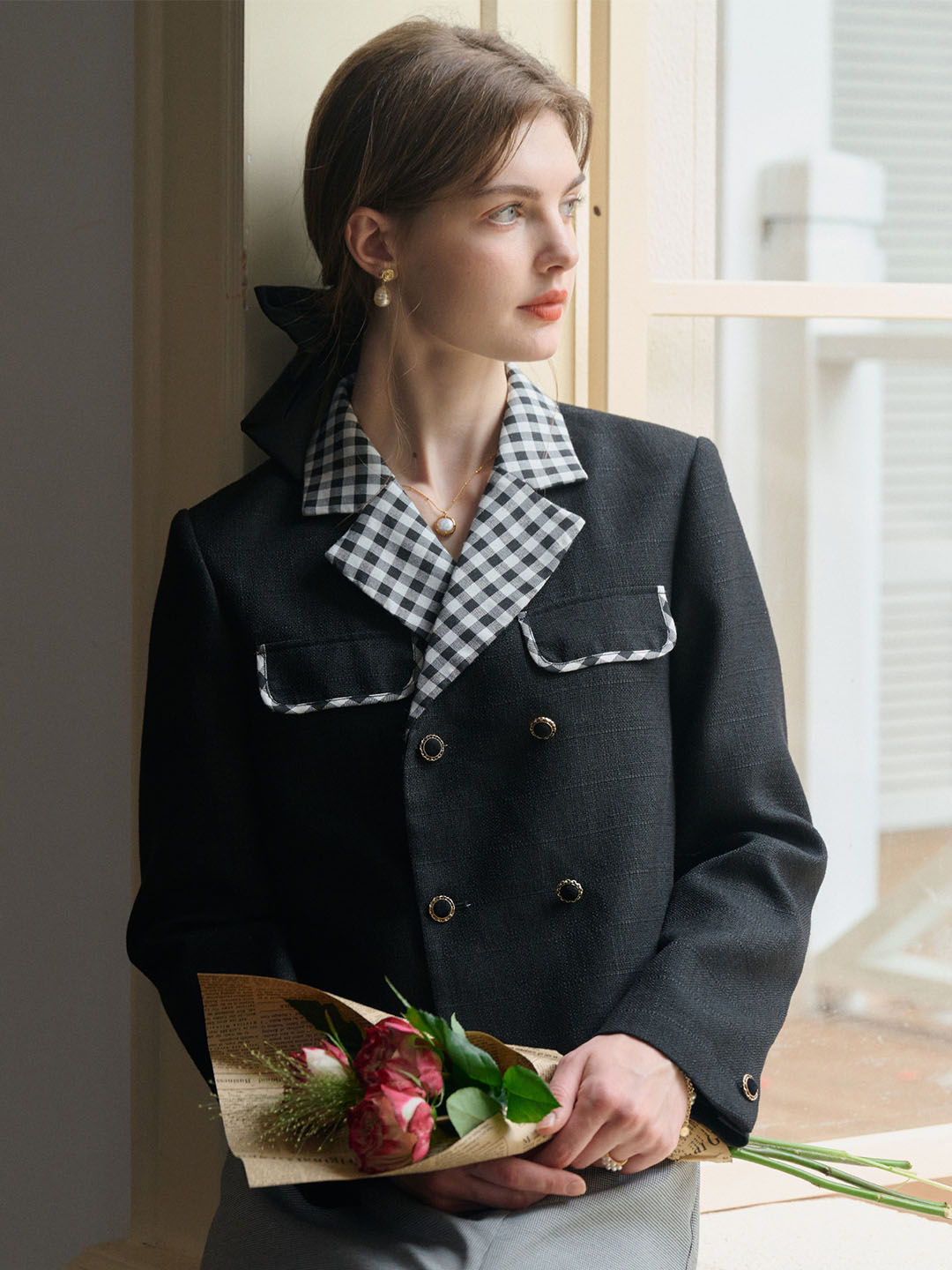 【Final Sale】Kennedy Classic Notched Lapel Contrast Check Jacket