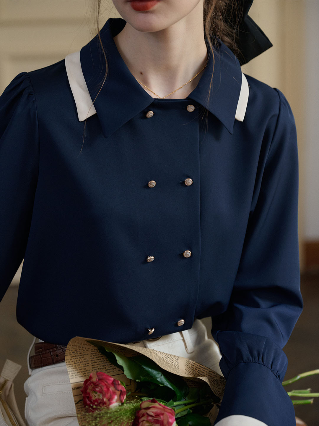 Rebekah Vintage Double Breasted Colorblock Collar Navy Blouse