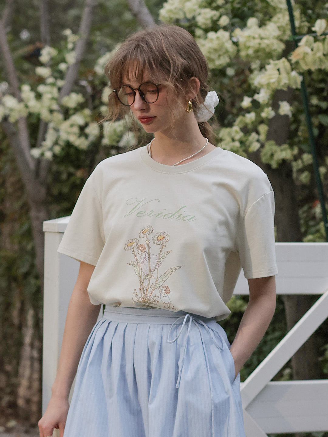 【Final Sale】Maci Round Neck Vintage Pattern T-shirt - Apricot