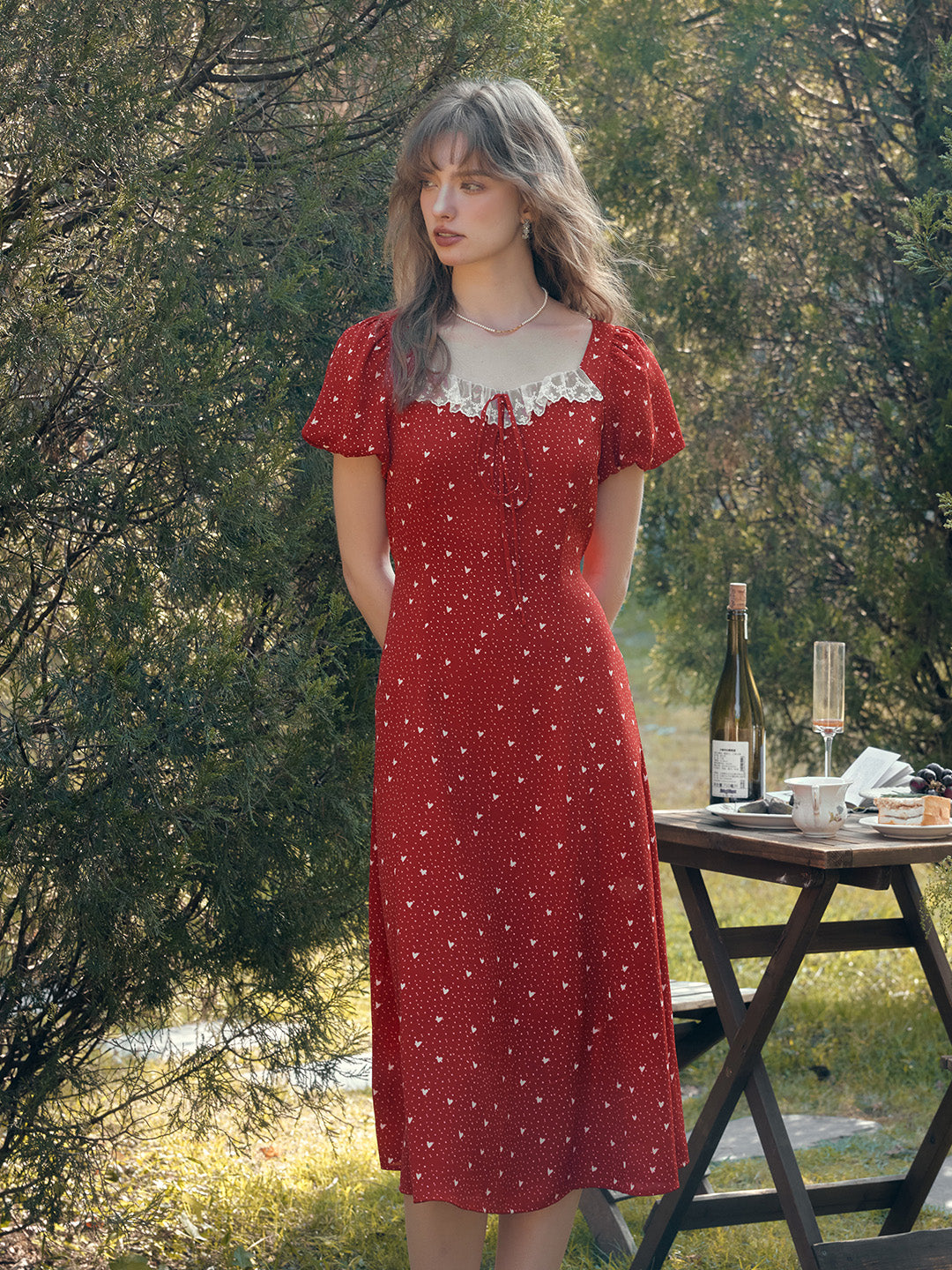 Emma Square Neck Lace Puff Sleeves Dress, Red / M Emma Square Neck Lace Puff Sleeves Dress, Red / M