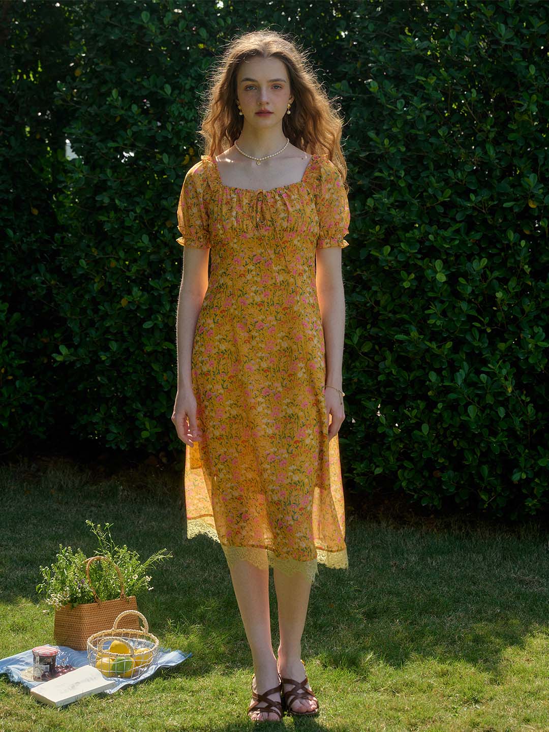 【Final Sale】Joanna Casual Vacation Style Square Neckline Floral Printed Dress