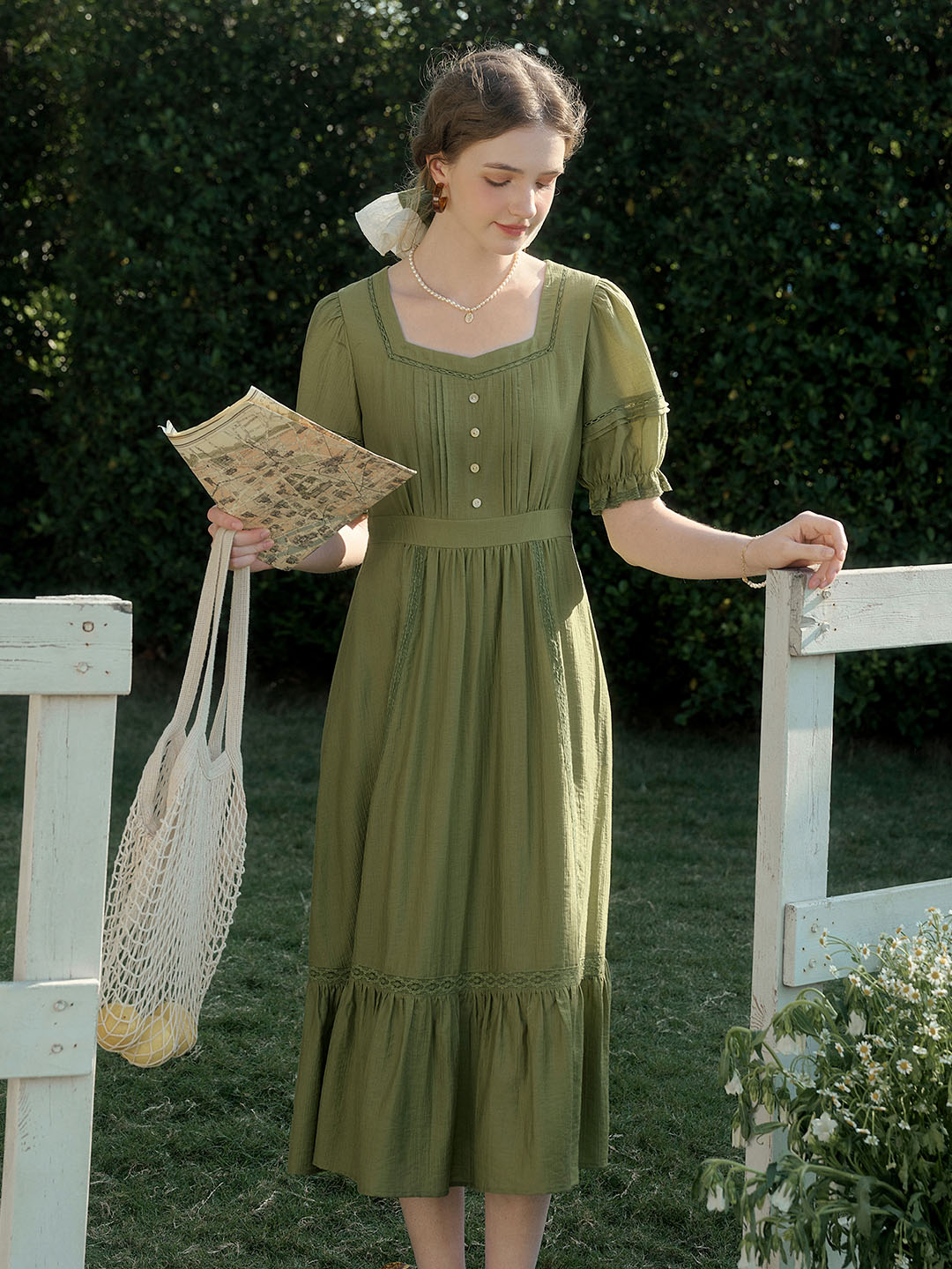 【Final Sale】Serena Square Neck Puff Sleeve Lace Hollow Dress- Olive Green