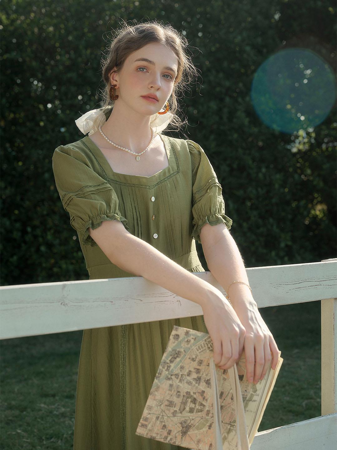 【Final Sale】Serena Square Neck Puff Sleeve Lace Hollow Dress- Olive Green