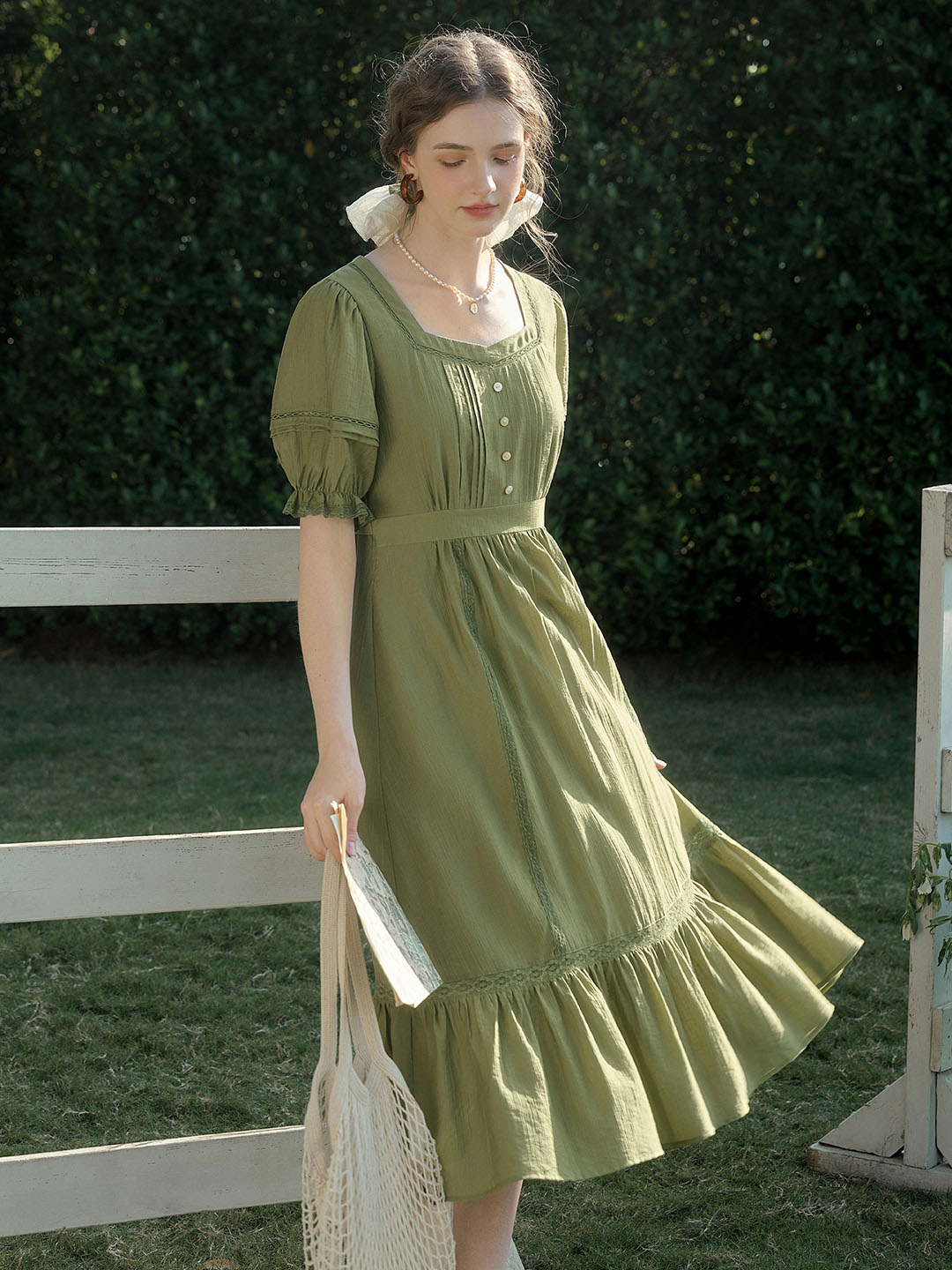 【Final Sale】Serena Square Neck Puff Sleeve Lace Hollow Dress- Olive Green