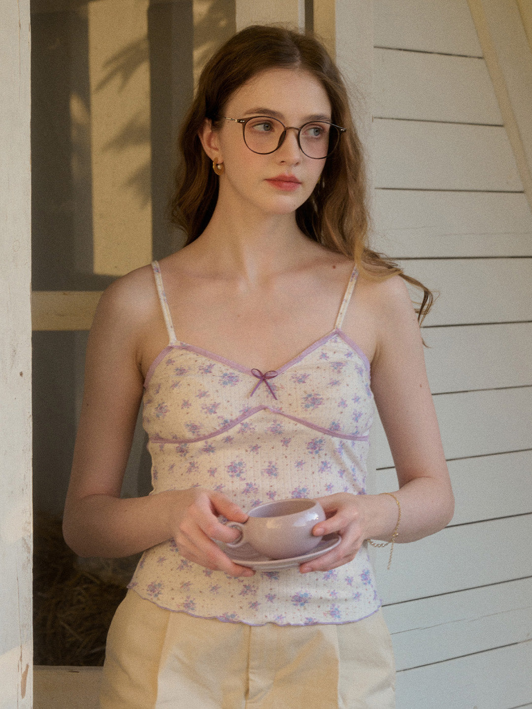【Final Sale】Elouise Floral Striped Lace-up Pink Suspender Top