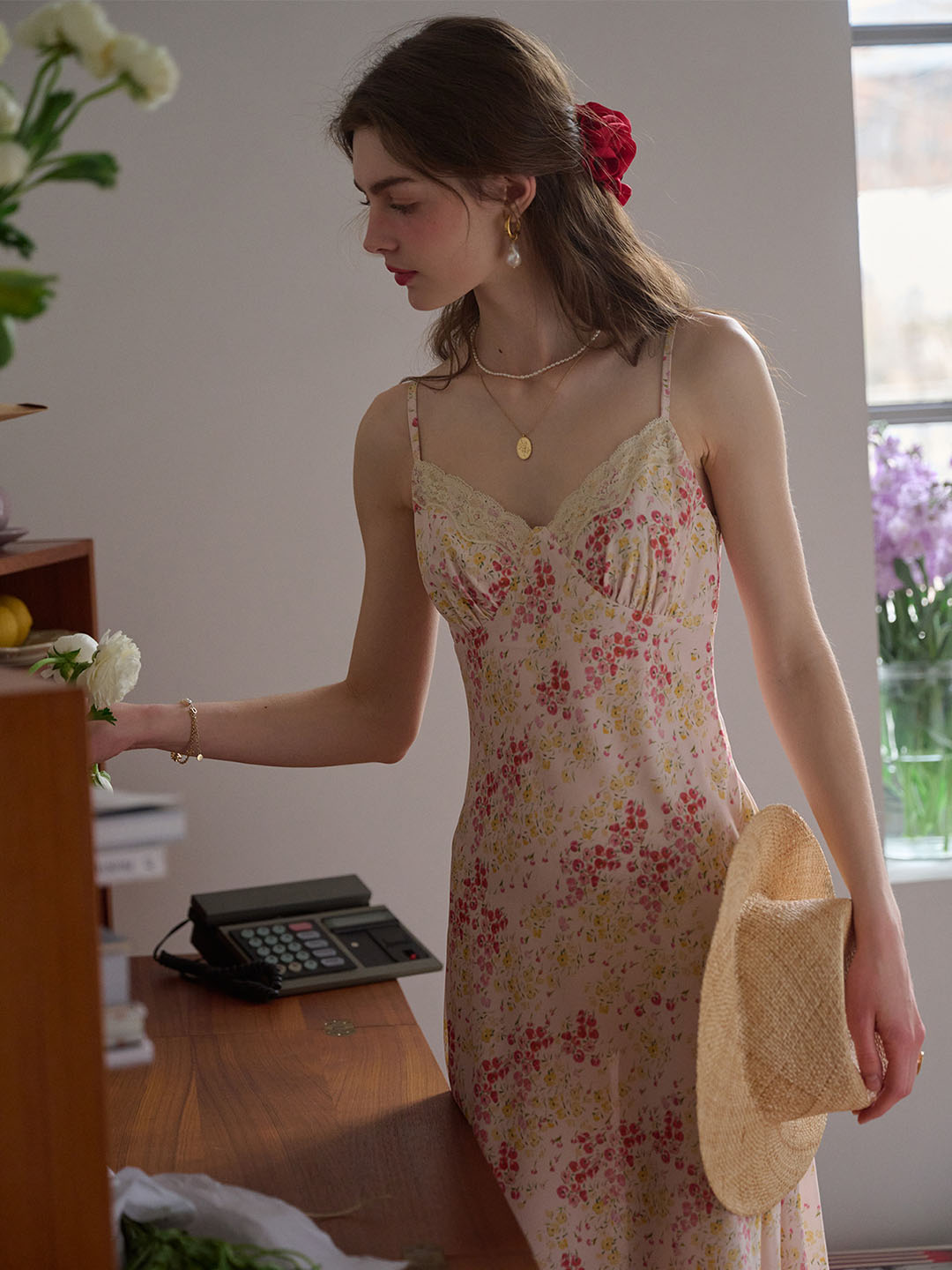 Juliana Lace Patchwork V-neck Floral Suspender Dress