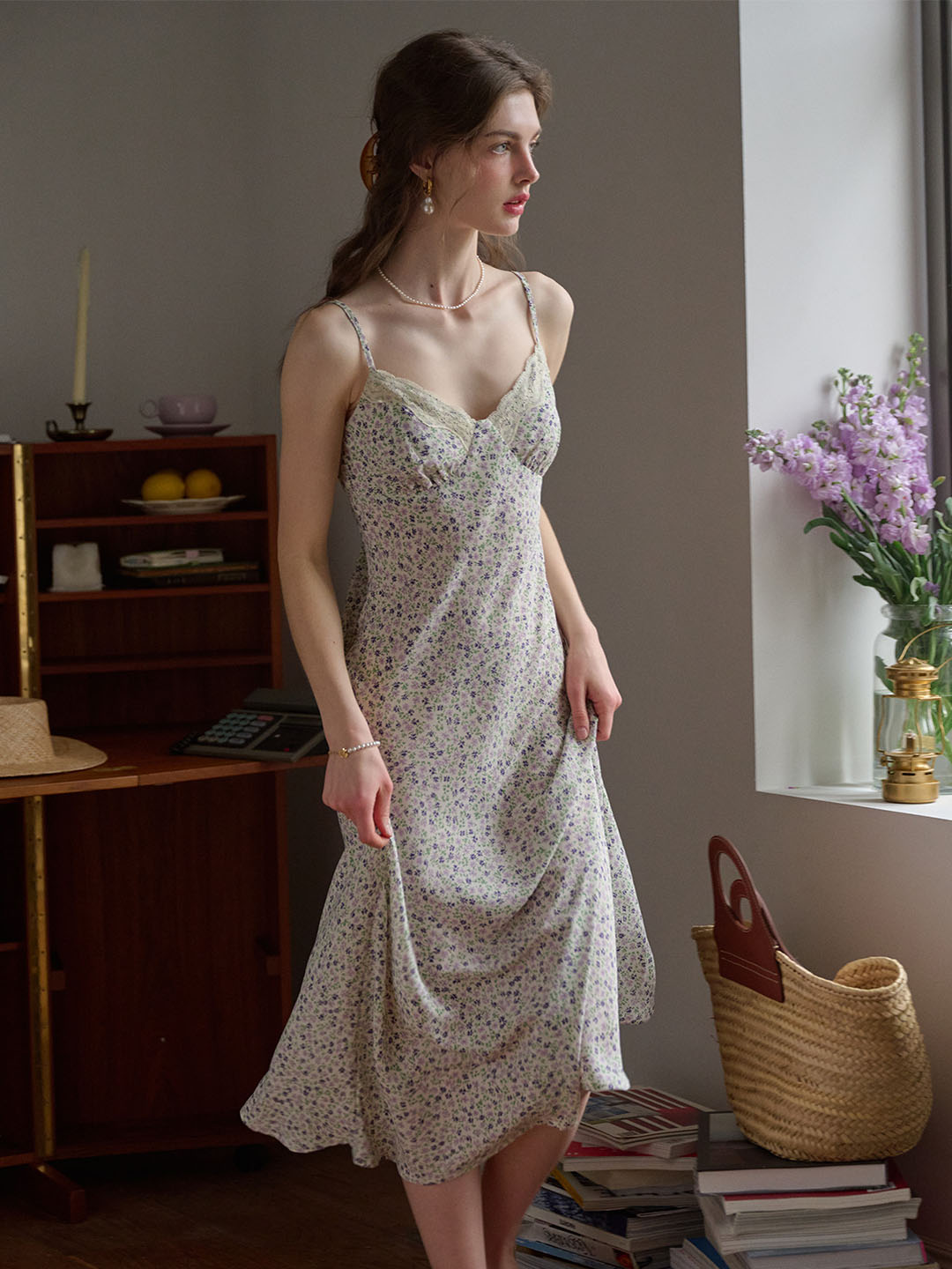 Juliana Lace Patchwork V-neck Floral Suspender Dress