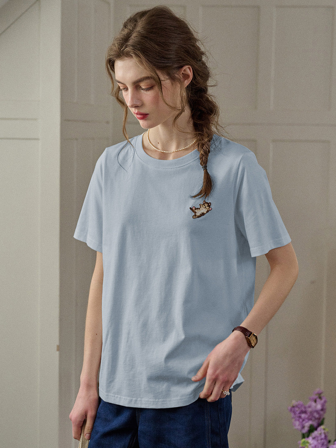 【Final Sale】Kitty Round Neck Embroidered 100% Cotton T-shirt