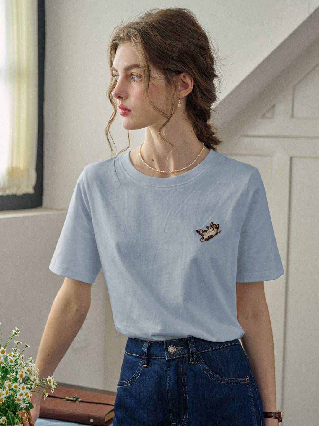 【Final Sale】Kitty Round Neck Embroidered 100% Cotton T-shirt