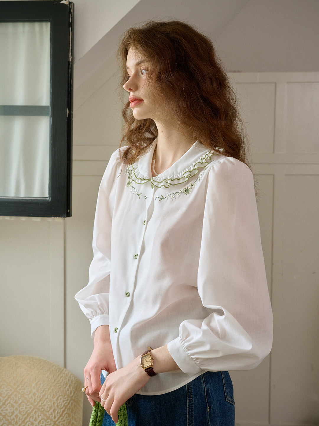 【Final Sale】Maren Peter Pan Collar Floral Embroidery Blouse