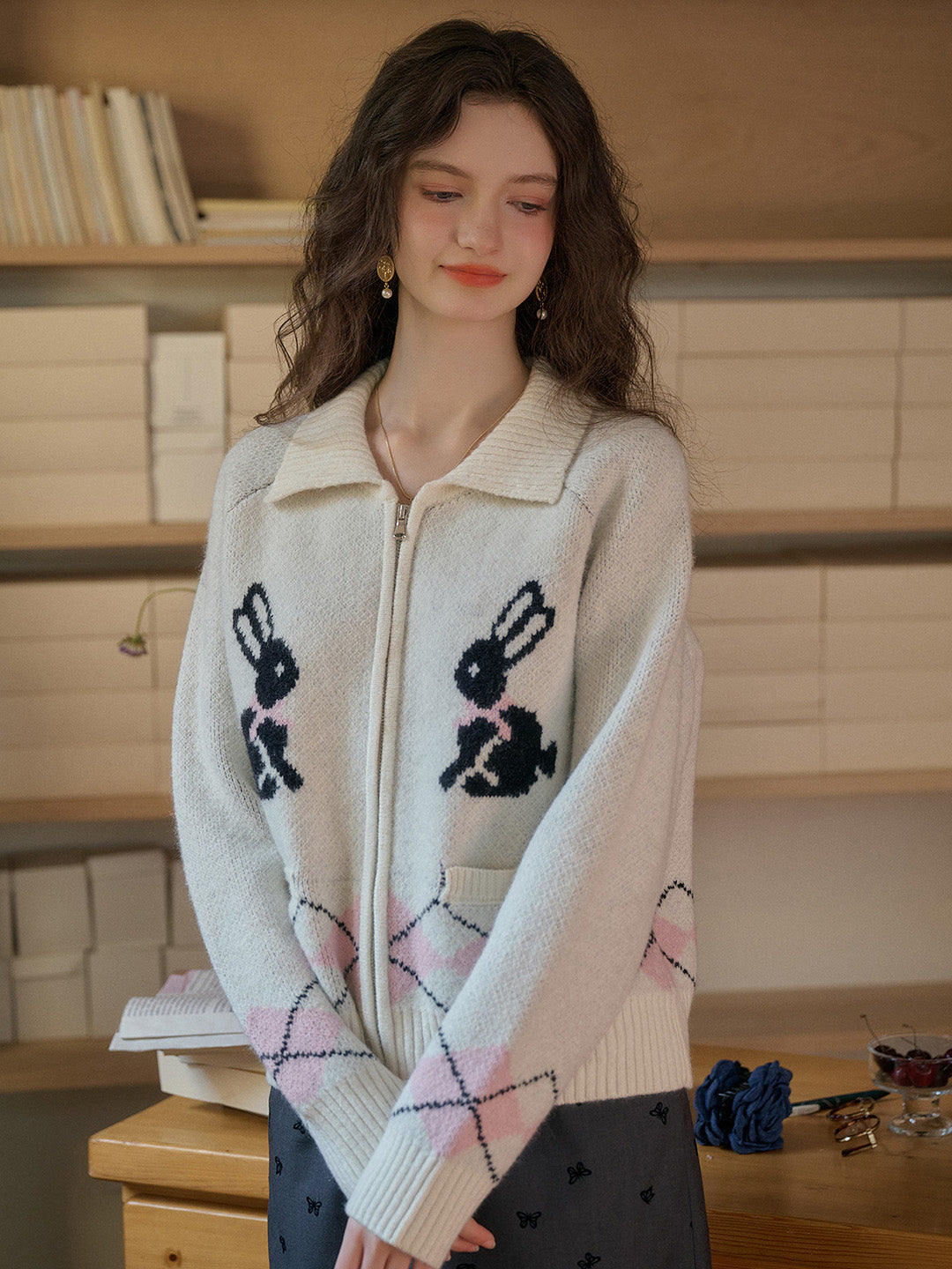 【Final Sale】Layne Lapel Clashing Rabbit Embroidery Zip Cardigan