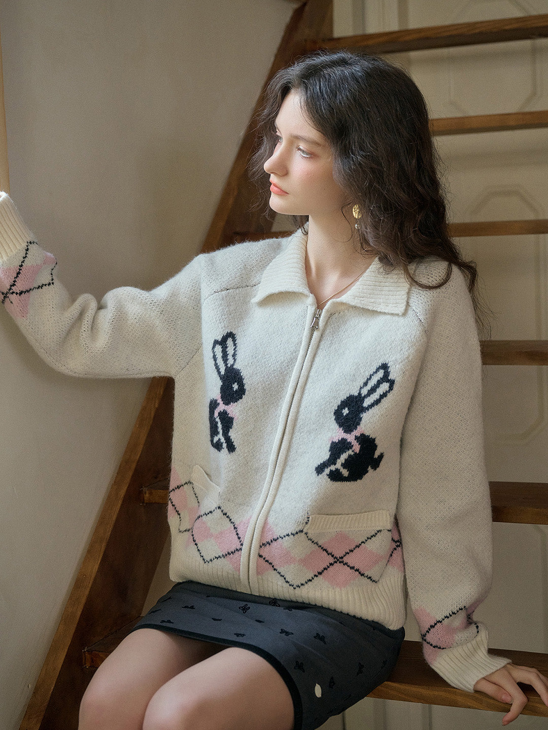 【Final Sale】Layne Lapel Clashing Rabbit Embroidery Zip Cardigan