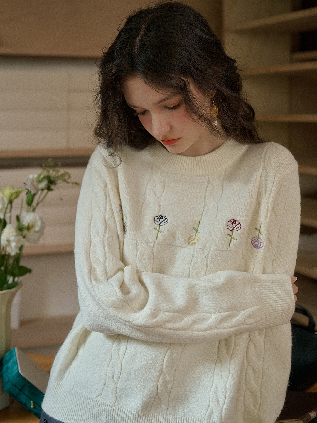 【Final Sale】Rebecca Round Neck Ribbed Rose Wool Sweater