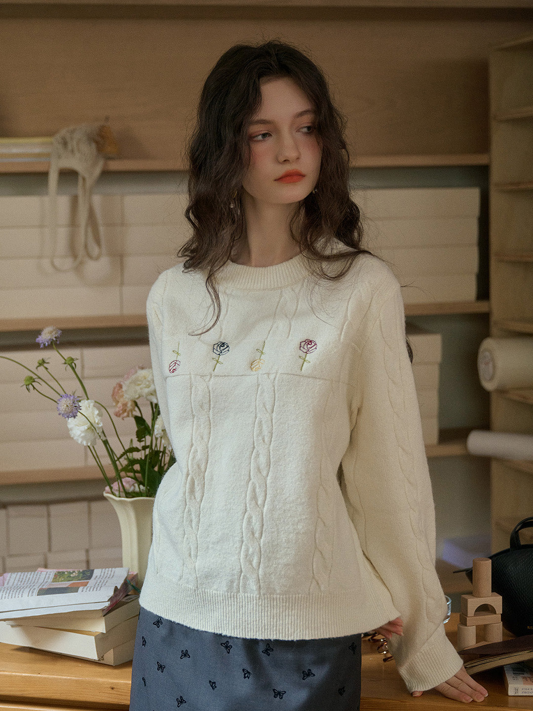 【Final Sale】Rebecca Round Neck Ribbed Rose Wool Sweater