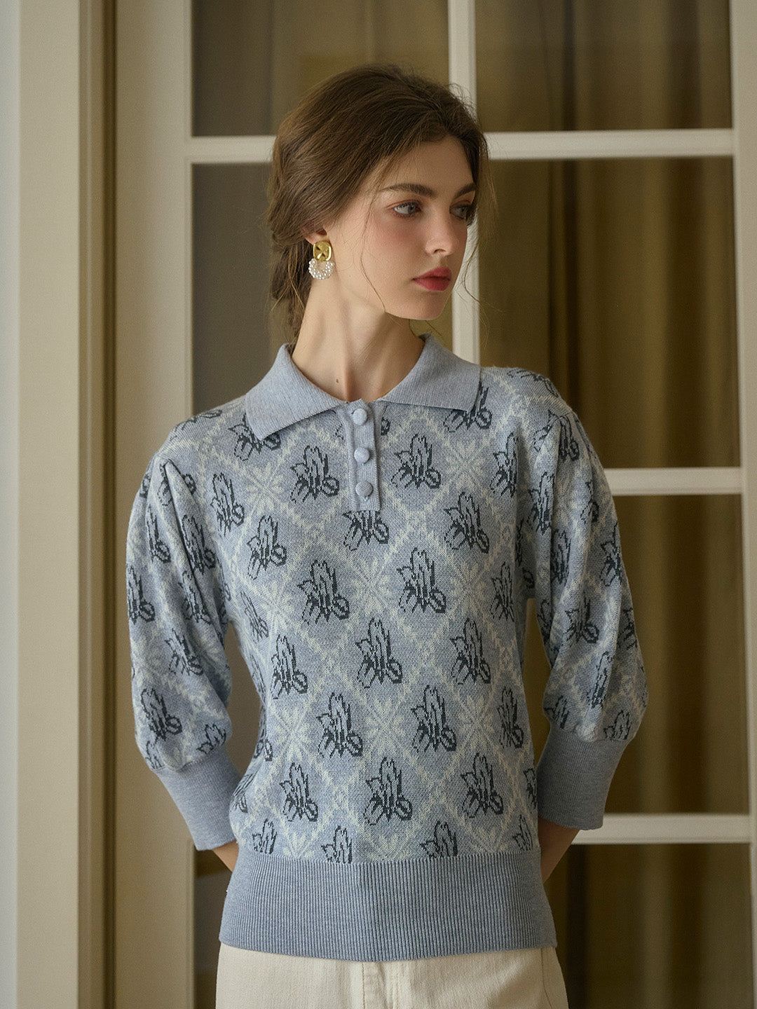 【Final Sale】Tamsin Polo Collar Floral Knit Wool Top - Gray