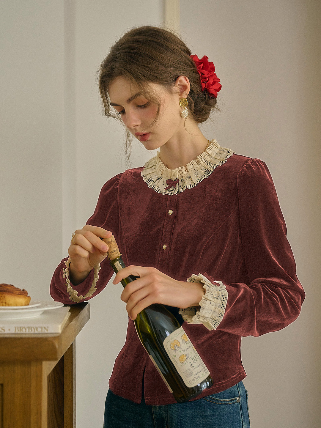 Azaria Round Collar Contrasting Lace Panel Bow Velvet Top - Red