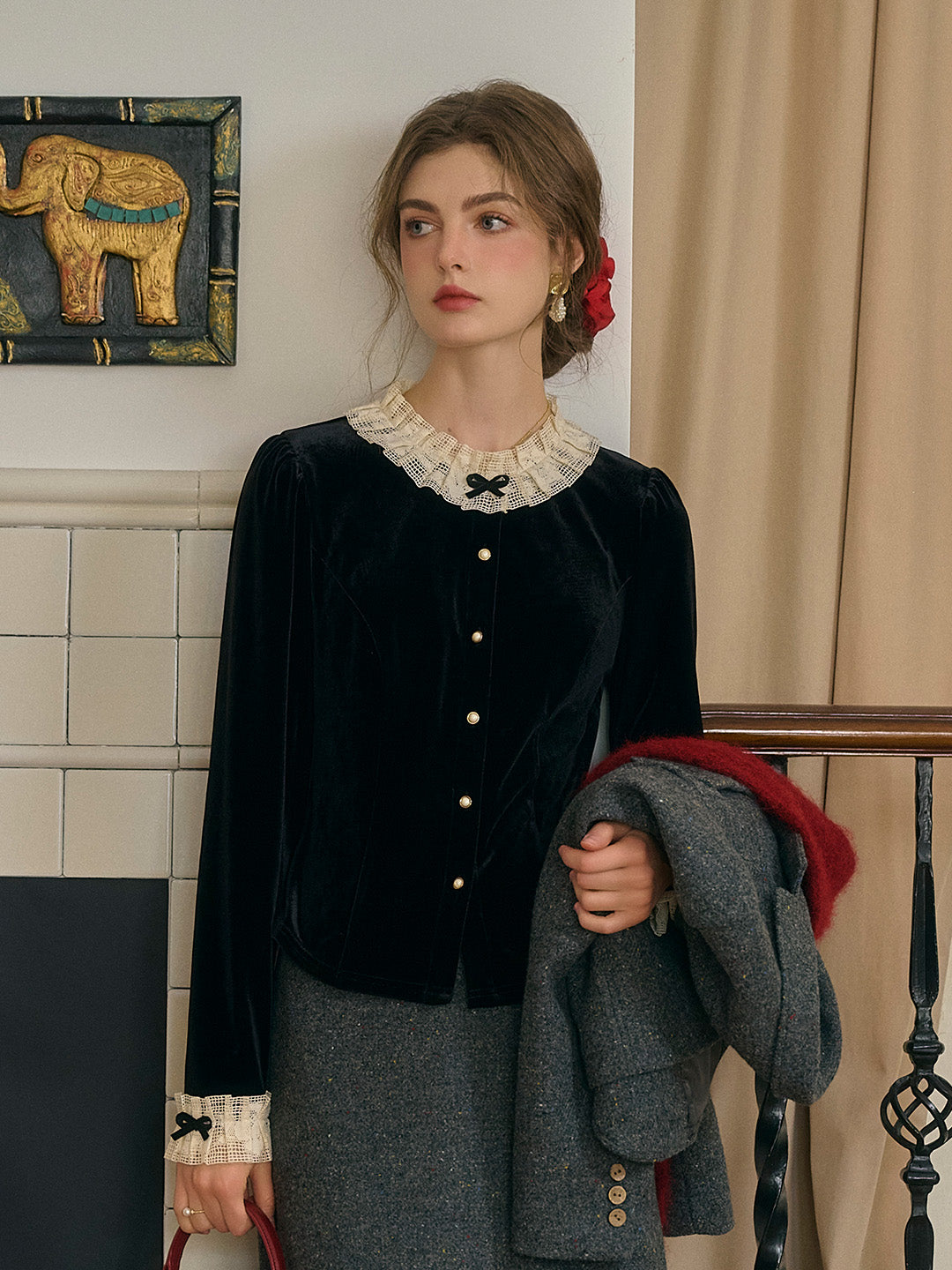 Azaria Round Collar Contrasting Lace Panel Bow Velvet Top - Black