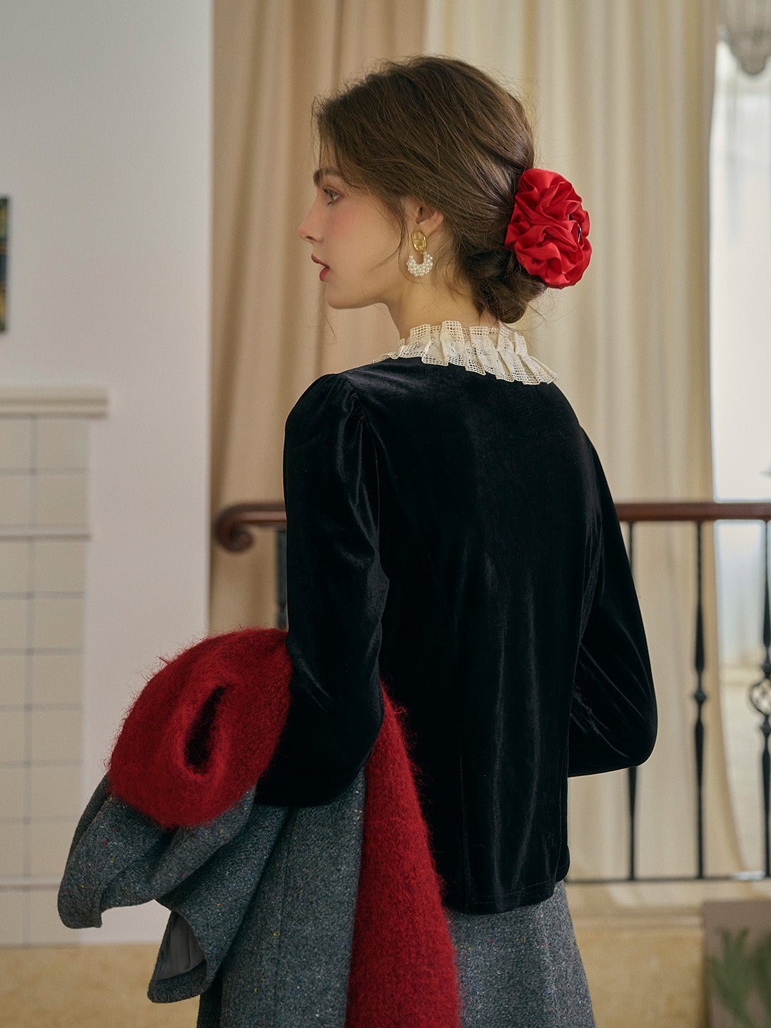 Azaria Round Collar Contrasting Lace Panel Bow Velvet Top - Black