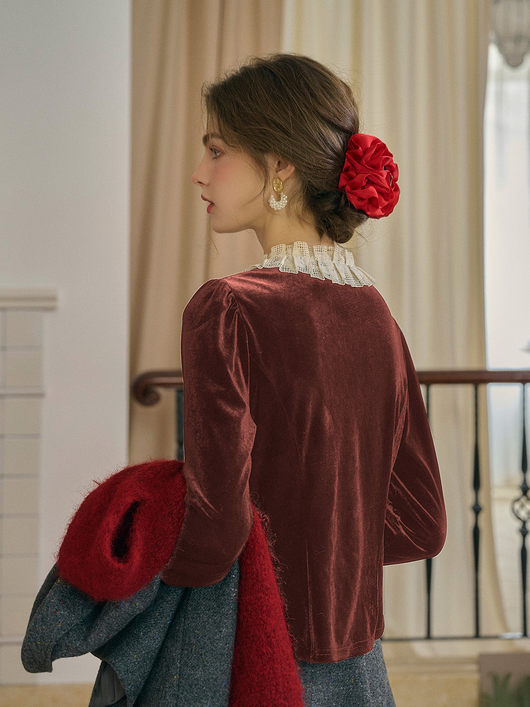 Azaria Round Collar Contrasting Lace Panel Bow Velvet Top - Red