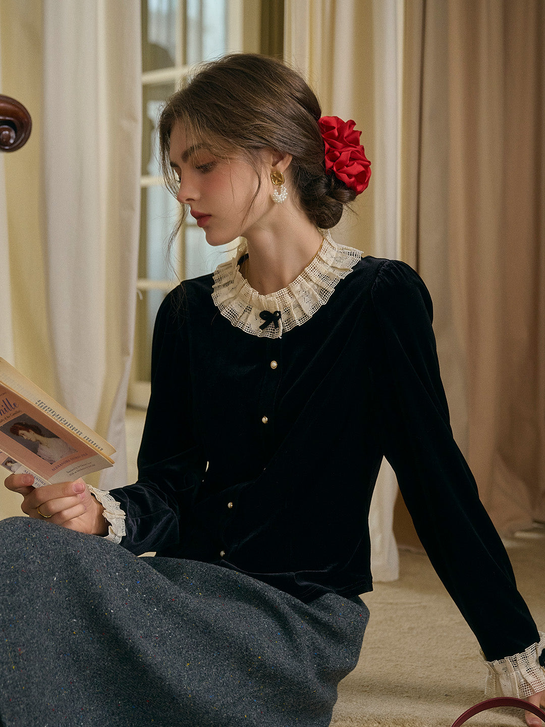 Azaria Round Collar Contrasting Lace Panel Bow Velvet Top - Black